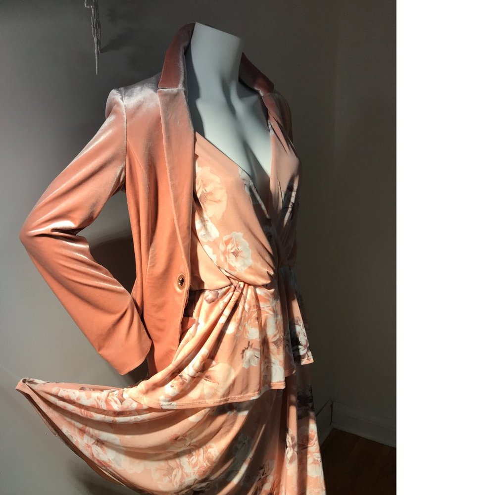 LeChateau PLUS SIZE 22 Floral Peach Pink Corral Blush Asymmetrical Chiffon dress